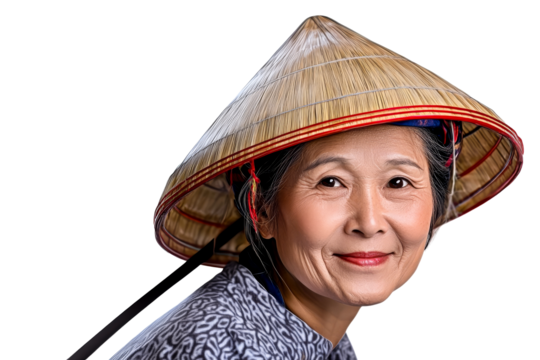 Asian woman in traditional straw hat smiling, cut out transparent