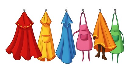 Illustration of colorful aprons and towels hanging on hooks against a white background