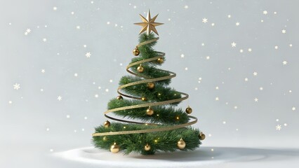 Elegant Spiral Christmas Tree with Golden Ornaments and Snowfall on Soft Gray Background