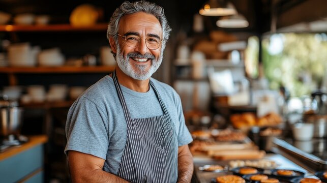 Smiling baker with apron stands in a cozy cafe kitchen setting
