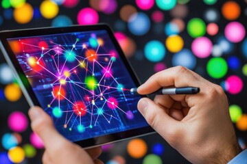 Tablet displaying a colorful network diagram, user interacting