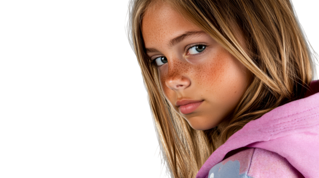 Freckled fair skinned blonde girl portrait, cutout transparent