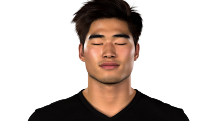 Relaxed Asian Man with Closed Eyes, Wearing Black T-Shirt, cut out transparent