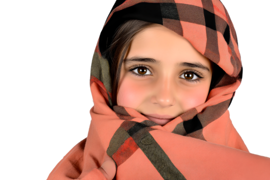 Child wrapped in orange plaid scarf, eyes looking, cut out transparent