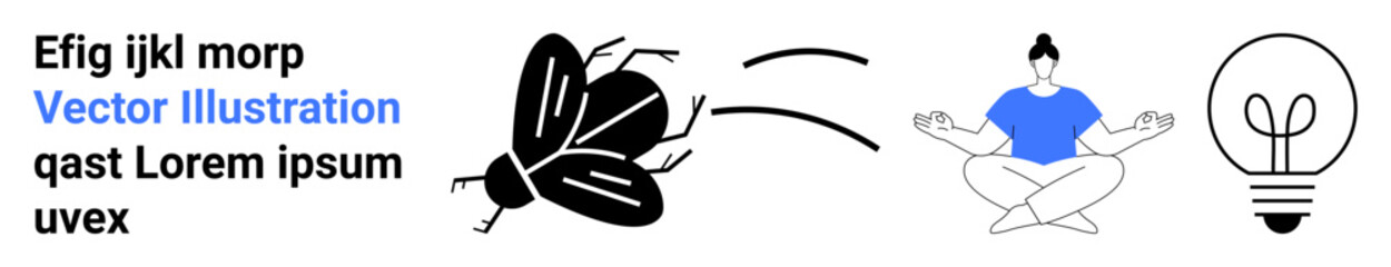 Flying beetle moving towards a person meditating in lotus pose and a glowing lightbulb. Ideal for creativity, mindfulness, transformation, ideas, brainstorming, innovation, simple landing page