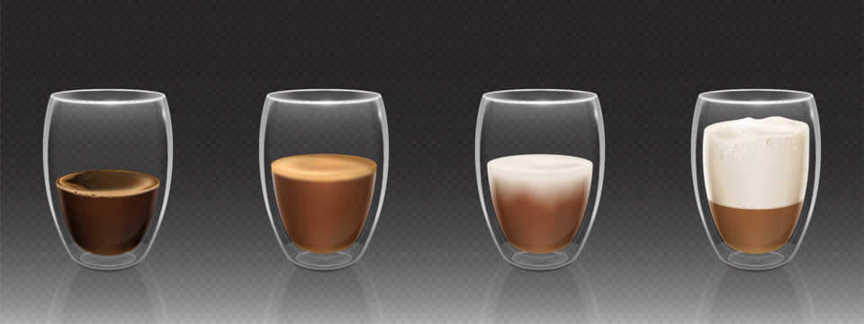 Realistic coffee glasses - transparent cups with hot drink of different types. Cappuccino and latte with foam top, strong espresso shot, creamy beverage surface. Brewing caffeinated liquid serving.