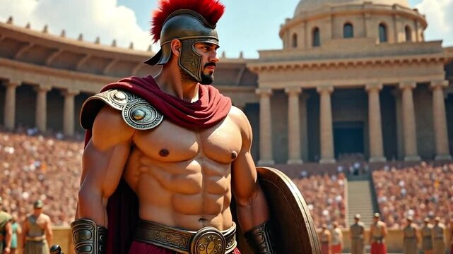 A mighty gladiator stands proudly in a majestic ancient arena. The muscular gladiator, with a shield, and helmet, commands respect and admiration amidst a crowd. 