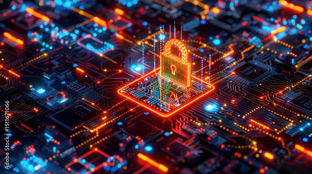 Poster digital lock on circuit board background with neon lights effect