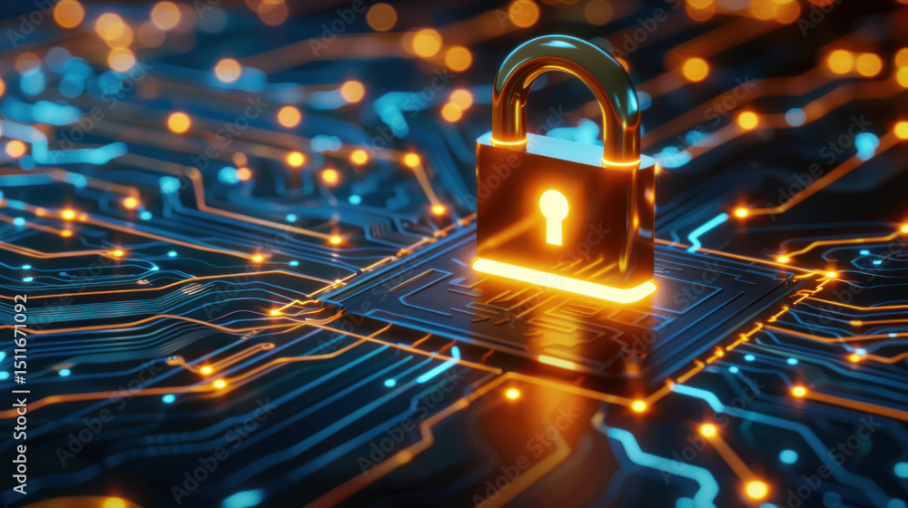 Poster digital lock on circuit board representing cybersecurity concept