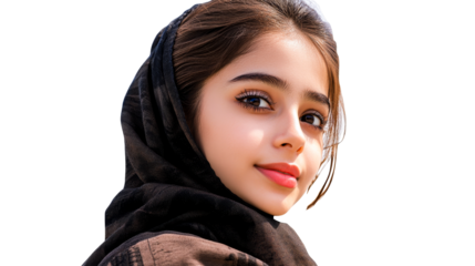 Young woman in headscarf portrait, isolated, cut out transparent