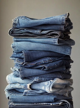 Stack of folded blue denim jeans in various shades against a neutral backdrop