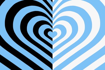 Abstract blue background with heart stripes texture. Vector op art heart background. Optical illusion.