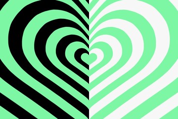 Vector op art heart background. Optical illusion. Green black white vector op art background. Heart love romantic design for print, banner, decoration, wallpaper, textile, decor, greeting card, etc.
