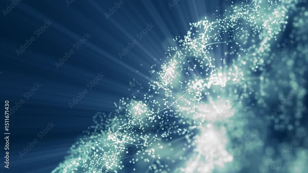 Poster futuristic wave background of glowing particles emitting bright rays of light. particles flying in a