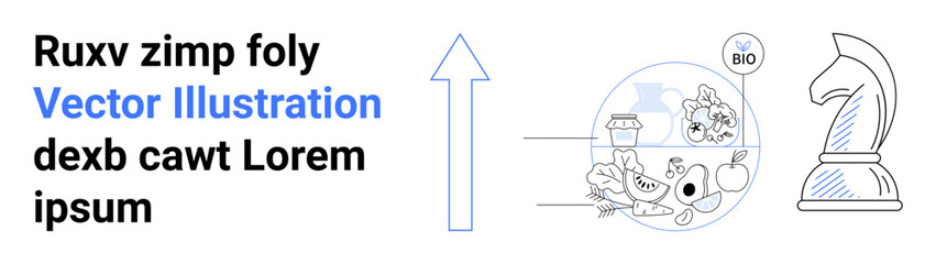 Arrow indicating upward growth flanked by bio produce, jars, cheese, and chess knight symbolizing eco-consciousness, strategy, and innovation. Ideal for sustainability, eco-friendly business