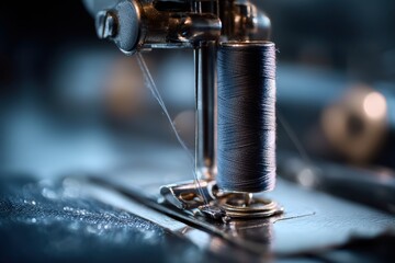 Intricate details of a thread weaving through a sewing machine, showcasing craftsmanship in an industrial setting filled with precision