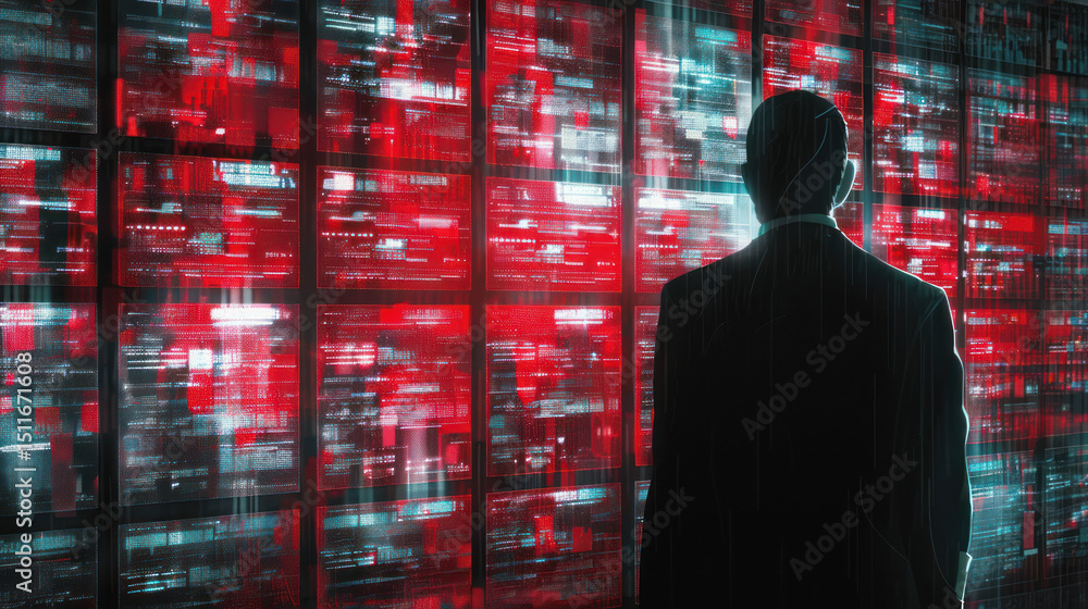 Aufkleber Man in Suit Observing Digital Data Streams in Neon Environment