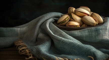 Pistachios in a bowl, draped with fabric