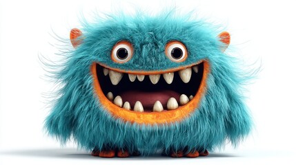 Fluffy blue monster smiles broadly