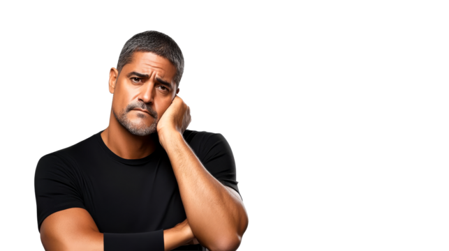 Hispanic man with pensive expression resting head on arm, cut out transparent