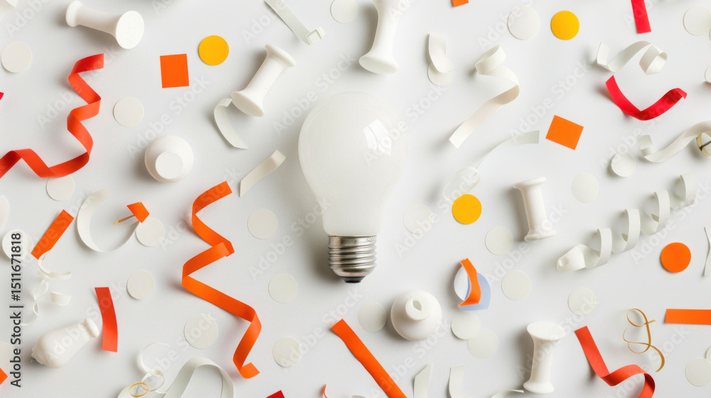 Poster idea concept with light bulb and colorful confetti background