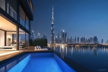 Fototapeta premium Breathtaking rooftop infinity pool with stunning Dubai skyline views at night, modern villa design.