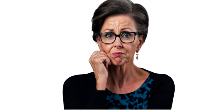 Thoughtful senior adult with glasses and hand on face, cut out transparent
