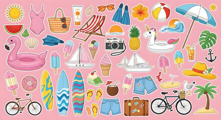 A sticker collection featuring various beach and summer related items such as umbrellas, boats, sunglasses, surfboards, lifebuoys, waves and beach hats.