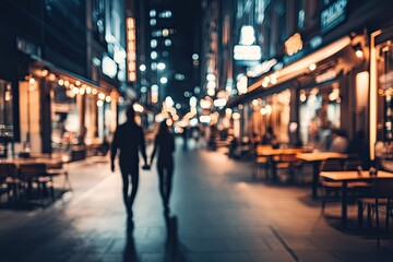 Blurry night street scene with couple