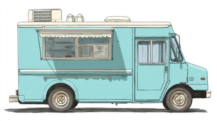 Side view of a light teal food truck