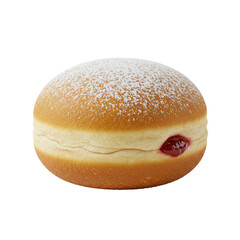 Ultra realistic UHD photo of a single, freshly baked Berliner doughnut with clear contours, isolated on a clean transparent background with no shadows, slightly high angle shot. Concept for pastry