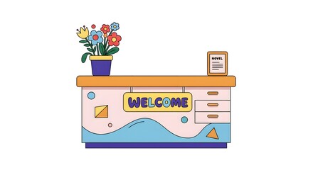 Illustration of a welcome desk with flowers and a novel sign on a white background