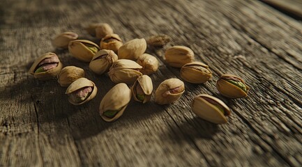 Pistachios scattered on weathered wood