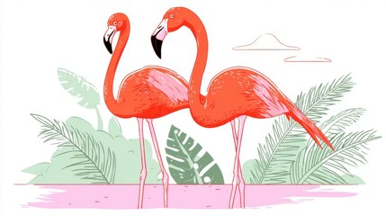 Two flamingos in a tropical setting
