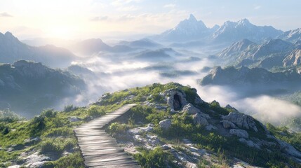 Serene Mountaintop Vista: A Wooden Path Through Misty Peaks