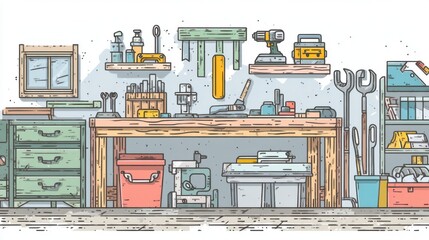 Workshop interior, tools, and supplies