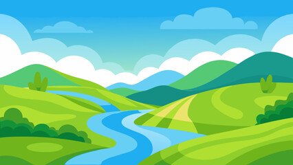 Rolling Hills with Winding River Vector Landscape