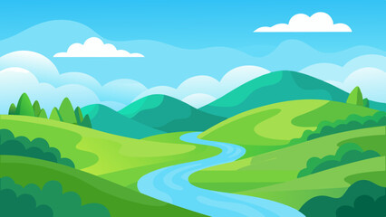 Rolling Hills with Winding River Vector Landscape