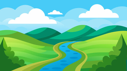 Fototapeta premium Rolling Hills with Winding River Vector Landscape