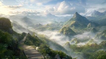 Misty Mountain Majesty: A Serene Path Through Verdant Peaks