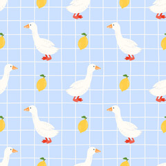 Seamless vector pattern with kawaii goose, lemon, and checkered background. Ideal for spring fabric, kids items, and farm-themed design