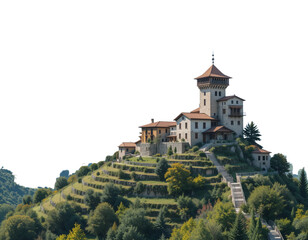 Vector of traditional tower houses on terraced hills in Albania.