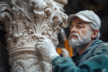 Man with beard and hat stands near column.