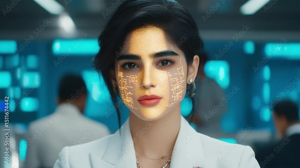 Poster young woman in futuristic setting with digital display and tech interface on face