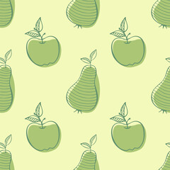 Summer garden with stylized contour drawings of apples and pears on green spots, pattern in gentle green tones. Packaging, background, wallpaper, wrapper.