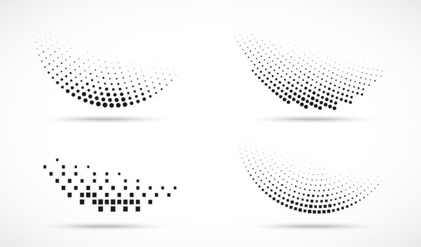 Set of Halftone Circle Dots Curve Gradient Pattern Backgrounds. Curve Dotted Design Elements Halftone Square Dots Texture. Vector Half Tone Logo Collection.