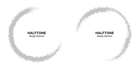 Halftone Circle Frame Abstract Dots Logo Emblem Design Element For Medical, Treatment, Cosmetic. Round Border Icon Using Halftone Circle Dots Raster Texture. Vector Emblem.