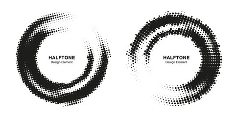 Halftone Circle Frame Abstract Dots Logo Emblem Design Element for Medical, Treatment, Cosmetic. Grunge Round Border Icon Using Halftone Circle Dots Raster Texture. Vector Emblem.