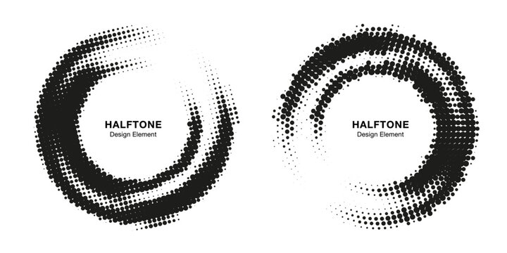 Halftone Circle Frame Abstract Dots Logo Emblem Design Element for Medical, Treatment, Cosmetic. Grunge Round Border Icon Using Halftone Circle Dots Raster Texture. Vector Emblem.