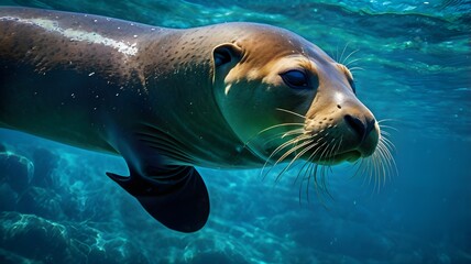 Fototapeta premium Color-enhanced image of a California sea lion underwater, glowing teal and blue ocean, dramatic lighting and vibrant contrast, surreal and eye-catching style,Generative Ai 